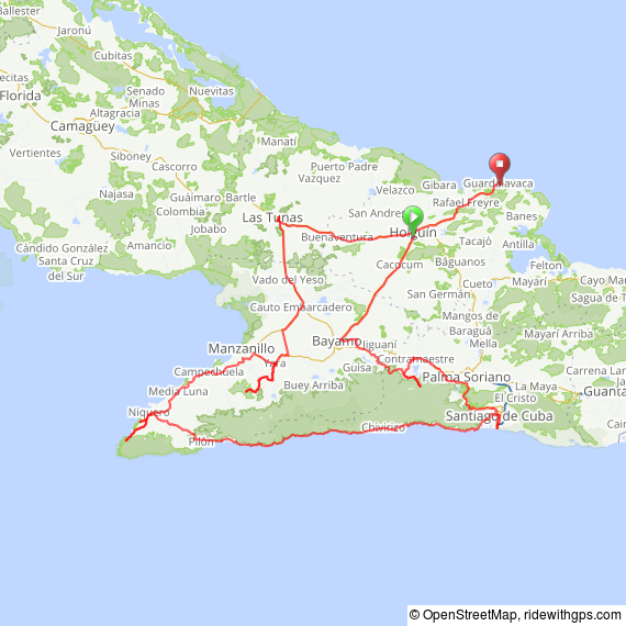 Cycling tours and bike rental in Cuba - Celia Sanchez route map